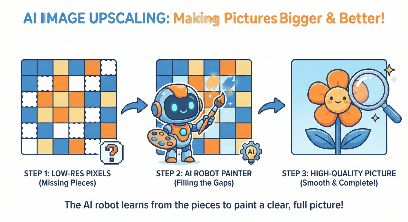 Diagram explaining how AI image upscaler works by filling pixels